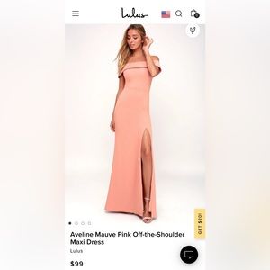 Lulus off the shoulder mauve/pink/blush gown